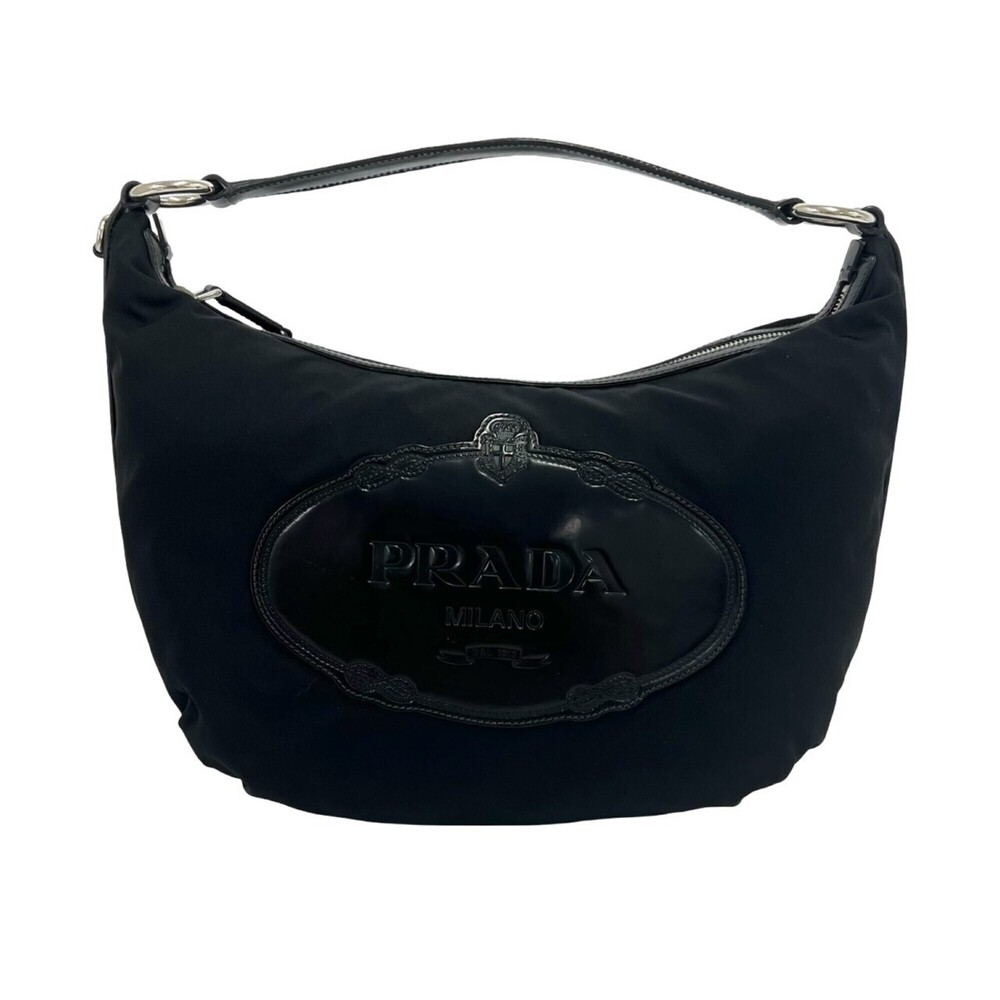 PRADA Tessuto Pocono Nylon Logo Engraved Leather Semi-One Shoulder Bag Tote B...